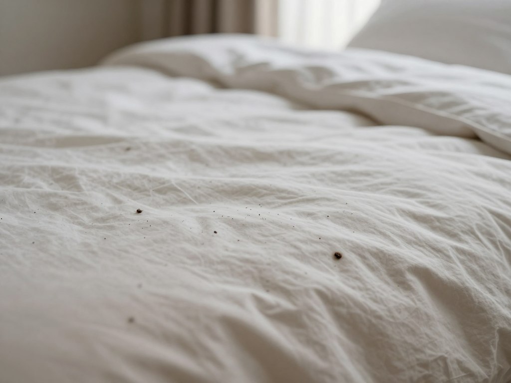 A close-up image of a neatly made bed with light-colored bedding, featuring numerous small, dark spots scattered across the surface. The spots should be depicted as distinct and irregular, resembling potential signs of bed bugs. The foreground captures the texture of the fabric alongside the visible dark spots, highlighting their contrast against the soft, pale duvet. In the background, soft, diffused natural light filters through a nearby window, creating a serene and slightly unsettling atmosphere. The angle is slightly tilted from above, emphasizing both the bedding and the scattered spots, while maintaining a clean, uncluttered look. The overall mood is one of quiet concern, drawing attention to the need for vigilance in bed bug detection.