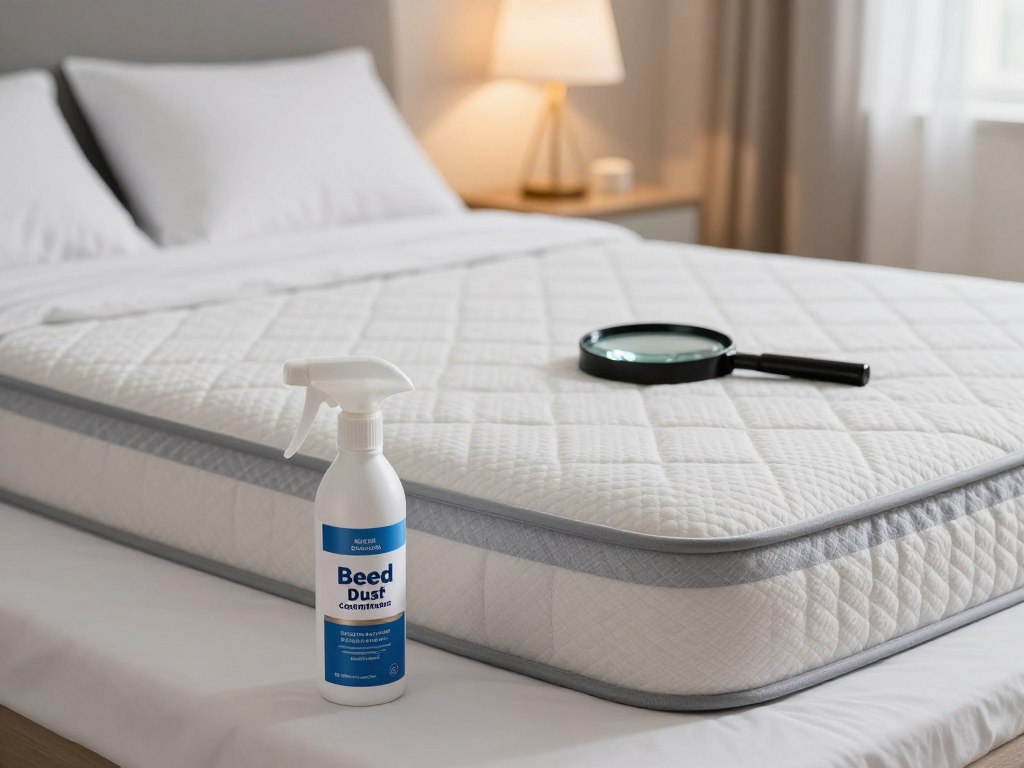 A close-up image of a well-organized room focused on a bed, showcasing an array of bed bug control measures. In the foreground, a small, professional-looking container of bed bug spray, nestled next to a neatly arranged bedding set. The middle ground features the bed with a protective mattress encasement and a magnifying glass resting on the blanket, symbolizing inspection. The background reveals soft, warm lighting coming from a bedside lamp, casting gentle shadows that enhance the room’s inviting atmosphere. The overall mood conveys vigilance and professionalism in pest management. The composition should be shot from a slightly elevated angle, emphasizing the details of the control measures while keeping the room's comfort and cleanliness at the forefront.