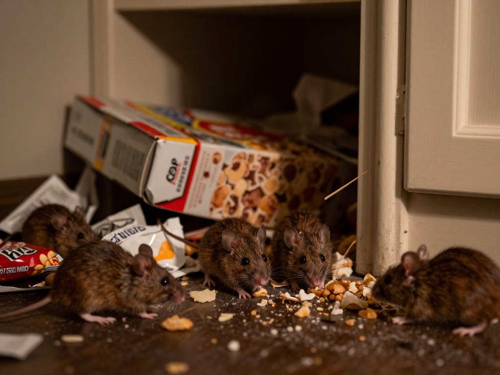 A close-up of a dark, cluttered corner in a typical home, revealing a mouse infestation. In the foreground, several small, brown mice scurry over spilled food and crumbs, their beady eyes reflecting a faint light. In the middle ground, an overturned cereal box lies among shredded paper and wrappers, emphasizing the chaos of their activity. The background features a shadowy glimpse of a pantry door, slightly ajar, hinting at where the rodents might be hiding. Soft, warm lighting casts long shadows, creating a sense of unease and highlighting the messy environment. The atmosphere is tense but realistic, conveying the urgency of a rodent problem in a household.