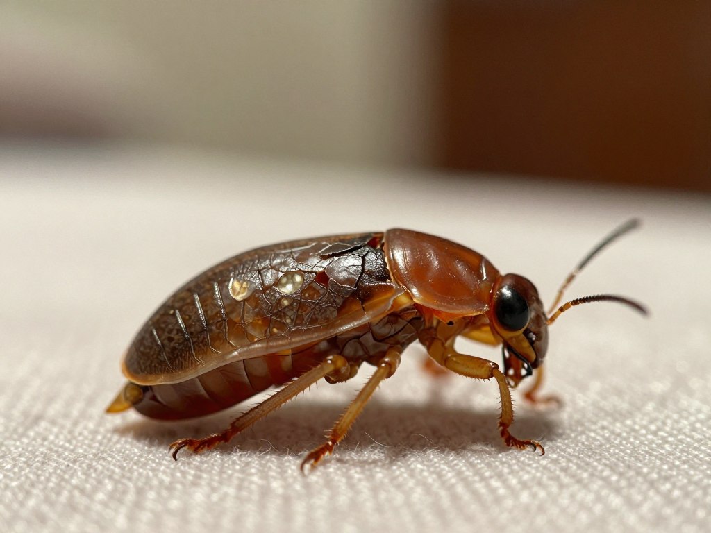 A close-up view of a bed bug shedding its exoskeleton, showcasing the translucent, cracked shell partially removed from the insect. In the foreground, vivid detail captures the intricate patterns and textures of the exoskeleton, glistening slightly under soft, diffused lighting. The middle ground features the bed bug itself, with its reddish-brown body, resting on a lightly textured fabric surface, indicative of a common bedroom environment. The background fades softly into a warm, blurred shadow that suggests a cozy, dimly lit room. The atmosphere conveys a sense of quiet observation and an underlying alertness, emphasizing the significance of this subtle yet important sign of infestation. The image composition should employ a macro lens effect to highlight the details without any distractions, ensuring a clear focus on the shedding process.