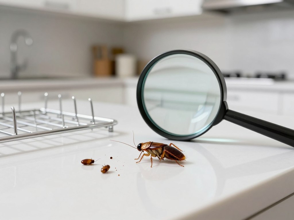 A close-up view of a clean, modern kitchen counter with a focus on small signs of a roach infestation. In the foreground, there are a few brown cockroach droppings scattered next to a shining, untouched dish rack, suggesting recent activity. In the middle, a magnifying glass is positioned over a light brown, partially hidden cockroach, illuminated by soft overhead lighting, highlighting its glossy shell. The background reveals a tidy kitchen with white cabinetry and light-colored walls to create a contrast. The overall mood is slightly tense yet informative, emphasizing the need for vigilance in pest control. Use a realistic photographic style, shot with a shallow depth of field to blur the background slightly, drawing attention to the signs of infestation.