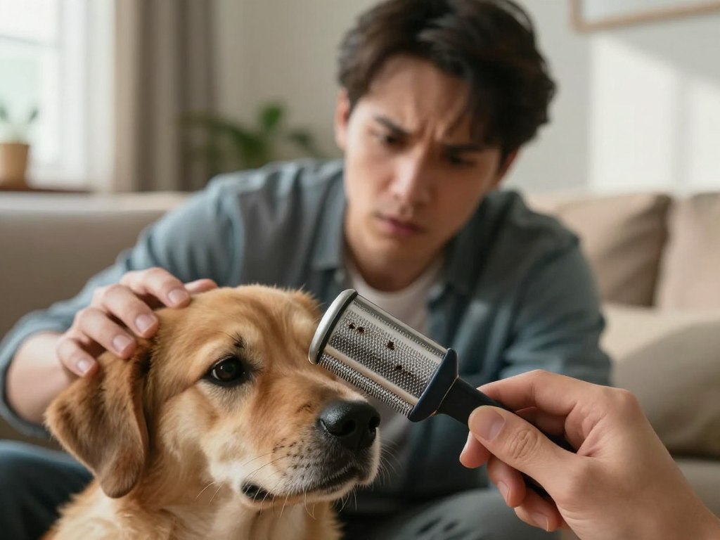 A close-up view of a frustrated pet owner examining their dog on a living room couch, holding a flea comb and noticing fleas in the dog's fur. In the foreground, the detailed flea comb can be seen with small fleas on it. The middle ground features the owner, a young adult in casual clothing, looking concerned as they inspect their dog. In the background, a cozy home interior with soft lighting creates a warm atmosphere, hinting at the reality of a flea infestation. Natural light filters through a window, casting gentle shadows that add depth to the scene. The overall mood is one of concern and urgency, reflecting the realization that DIY flea treatments have not resolved the issue.