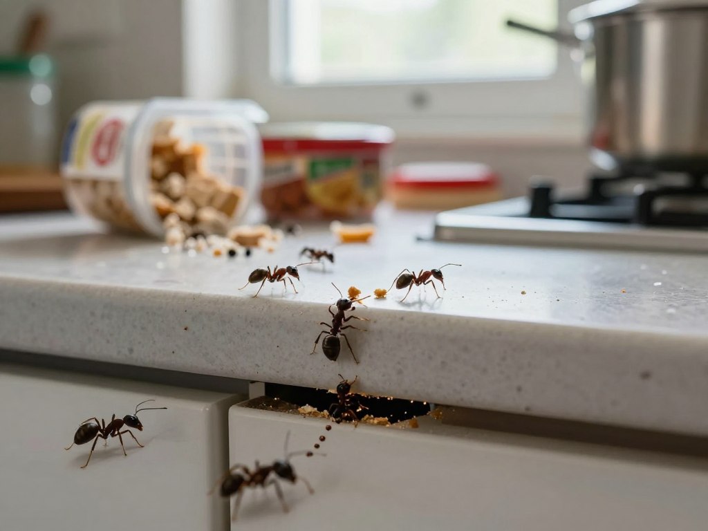 A close-up view of a kitchen countertop exhibiting clear signs of an ant infestation. In the foreground, several ants are actively crawling over crumbs, showcasing their distinct black bodies. A few ant trails lead to a small gap in the baseboard, emphasizing the source of the problem. The middle ground features a disorganized array of kitchen items, such as a half-opened food container and spilled sugar, providing context to the scene. In the background, soft, natural lighting filters through a window, creating a sense of urgency and highlighting the mess. The composition is detailed and slightly chaotic, reflecting the disturbance caused by the infestation, while maintaining a realistic, professional tone suitable for an informative article.