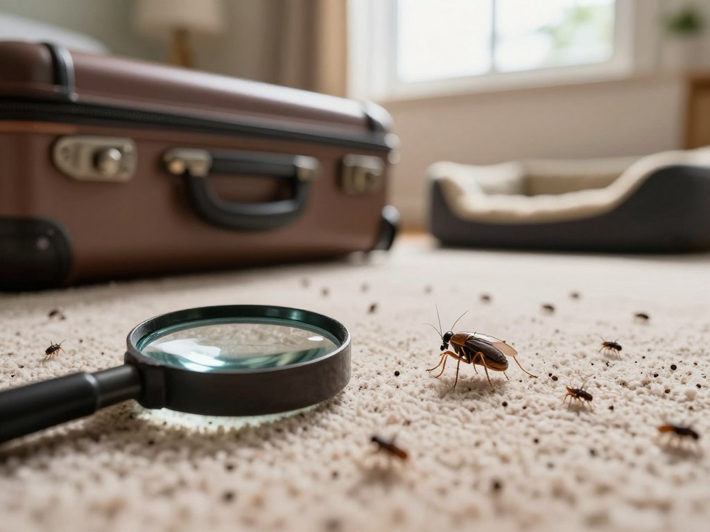 A close-up view of a living room floor infested with fleas, showcasing small dark specks representing fleas amidst light-colored carpet fibers. In the foreground, a magnifying glass reveals a flea for detailed emphasis. In the middle, a suitcase is slightly ajar, indicating recent travel, while a pet bed lies nearby, suggesting a source of infestation. The background features a sunny window, casting warm light onto the scene, enhancing the sense of urgency. The mood is tense, as if highlighting the frustration of a homeowner dealing with this pest problem. The composition should be sharp, with a focus on the fleas, and a warm color palette to evoke a feeling of discomfort yet clarity, showcasing the need for a solution.