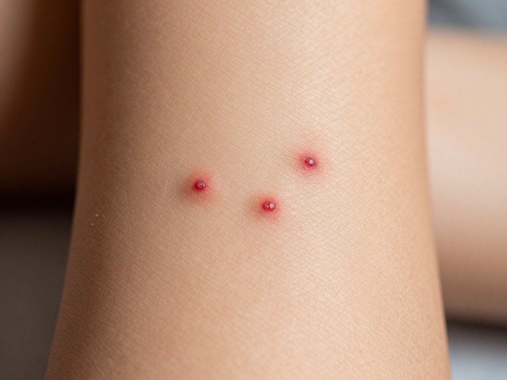 A close-up view of a person's forearm showcasing several small, red bites resembling bed bug bites on the skin, surrounded by light texture of the skin. The background is softly blurred to emphasize the bites, with warm lighting highlighting the skin's surface to create a somewhat alarming yet informative mood. The composition should focus on the detailed texture of the bites alongside the natural skin tone. The image should convey an atmosphere of concern and awareness, using a shallow depth of field to draw the viewer's eye directly to the bites, simulating a real-world scenario of discovering signs of bed bug infestation. No text or watermarks in the image.