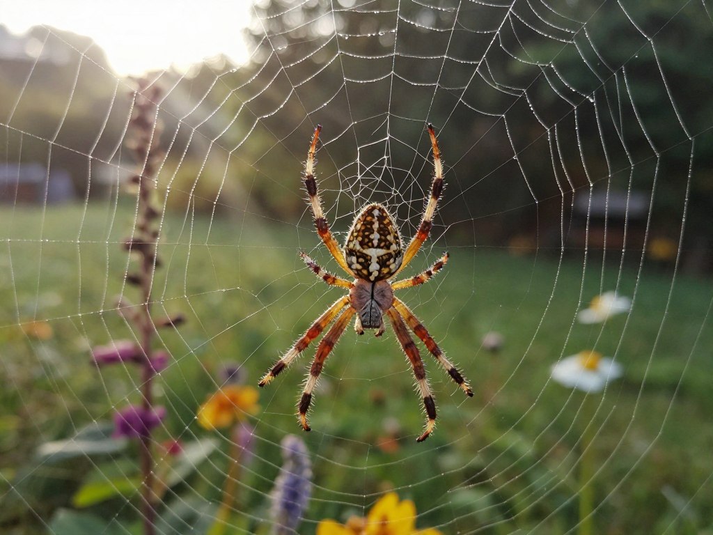 A close-up view of a spider spinning a web, demonstrating its intricate behavior. In the foreground, the spider is detailed and realistic, showcasing delicate legs and a glistening web glistening with morning dew. The middle ground features blurred plants and flowers, subtly hinting at the natural environment where spiders thrive. In the background, a soft-focus garden reveals light filtering through the leaves, creating a serene and inviting atmosphere. The lighting is warm and diffused, reminiscent of early morning, adding a sense of calm and curiosity. The overall mood is educational and engaging, emphasizing the fascinating behaviors of spiders while providing a visually appealing representation suitable for an informative article.
