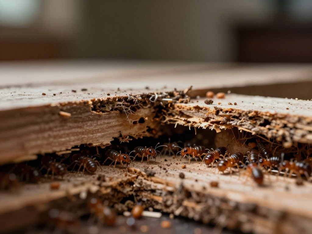 A close-up view of a wooden structure infested with termites. In the foreground, show a detailed depiction of termites tunneling through the damaged wood, with their tiny, intricate bodies visible. In the middle ground, capture the cracks and holes in the wood, highlighting the extent of the infestation, with frass (termite droppings) scattered around. The background should depict a dimly lit, slightly blurred view of a home interior, emphasizing the threat to the house. The overall mood should feel ominous yet informative, using soft, diffused lighting to create a sense of urgency. A macro lens perspective enhances the intricacy of the termites and wood damage, making the viewer feel the importance of timely termite control.