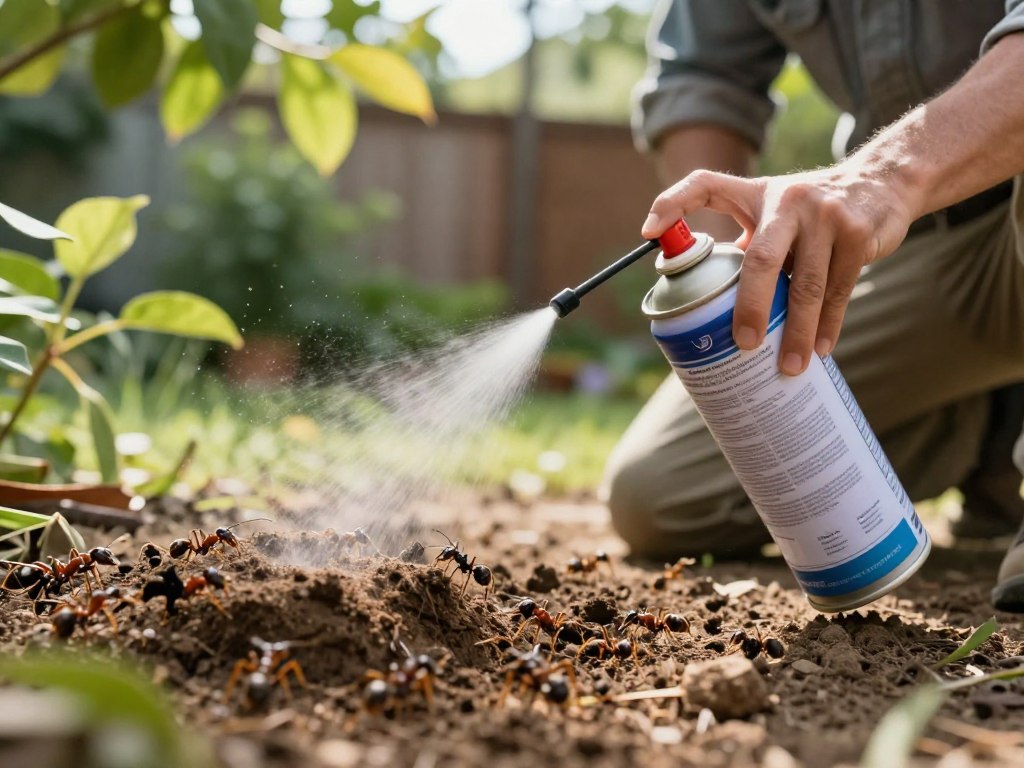 A close-up view of an ant extermination scene in a backyard setting, showcasing a professional in modest casual attire using a spray canister to apply a pest control solution near an ant nest. In the foreground, the focus is on the spray canister with dynamic spray action visible. In the middle, the anthill can be seen, with a few ants scurrying and a small patch of disturbed soil. The background features a green garden with sunlight filtering through leaves, creating dappled lighting effects. The overall mood is serious yet confident, illustrating effective DIY ant control methods. The angle is slightly low to emphasize the action and give a sense of movement while maintaining an informative and professional look.