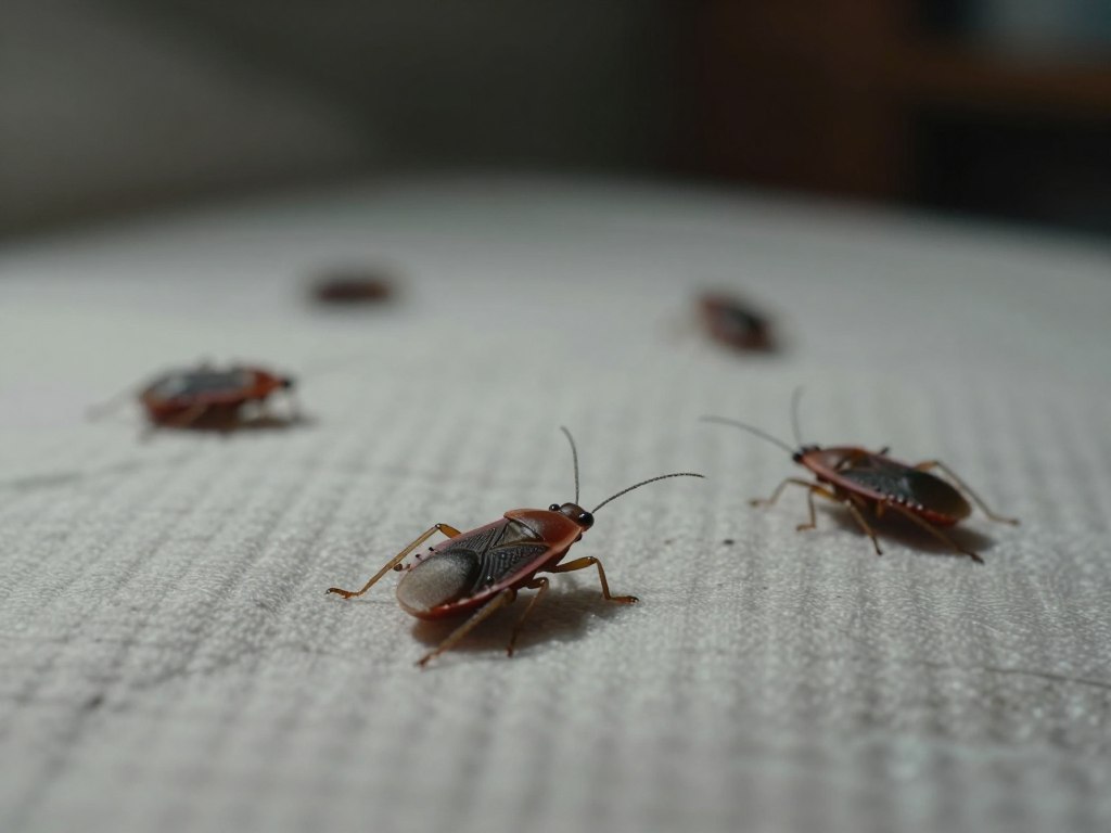 A close-up view of several live bed bugs crawling on a textured mattress surface, showcasing their distinct oval-shaped bodies and reddish-brown color. In the foreground, focus on three bed bugs, highlighting their legs and antennae, emphasizing their activity and details like tiny hairs. The middle ground features a soft, slightly wrinkled section of the mattress where the bugs are scattered, enhancing realism with subtle fabric patterns. The background remains blurred, suggesting a dimly lit room with hints of shadows for depth, creating a sense of unease. The lighting is soft and moody, with a slight spotlight effect to accentuate the bed bugs, evoking a feeling of discomfort. The overall atmosphere is tense, drawing attention to the pests without distractions or any text elements.
