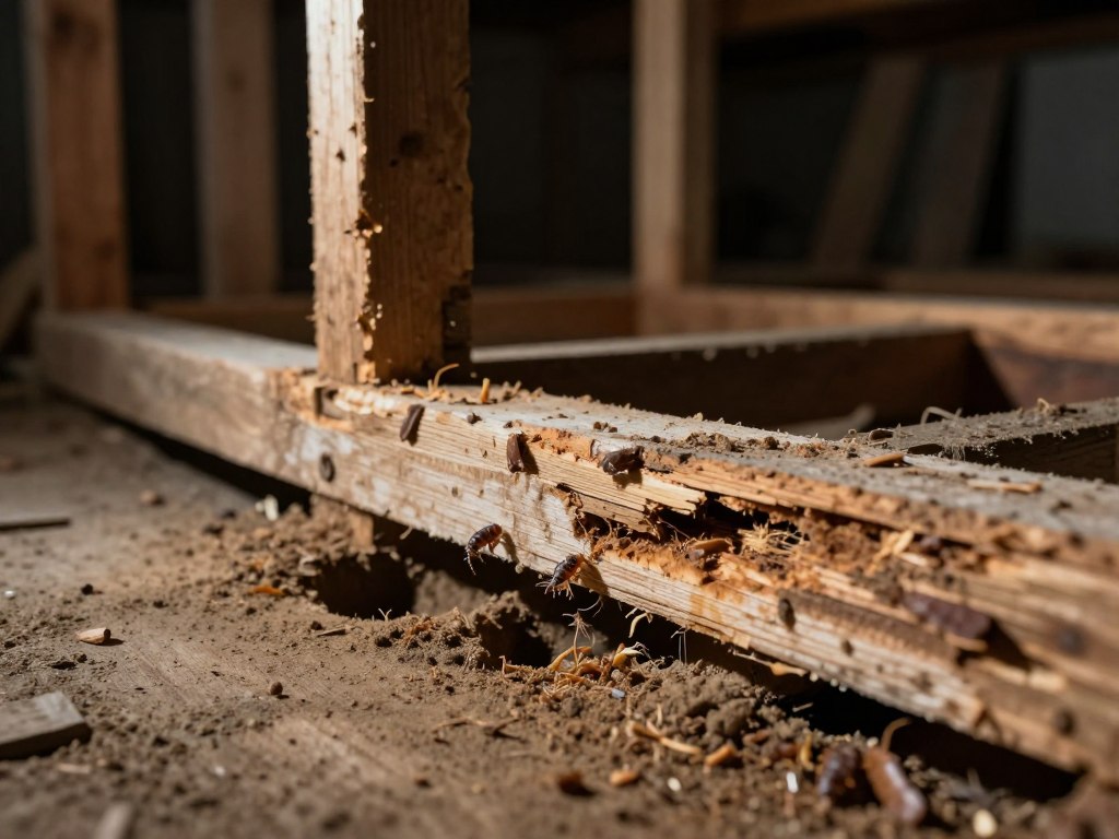 A close-up view of significant termite damage on wooden beams in a dimly lit basement. The foreground features the ravaged wood, showcasing deep burrows and powdery frass scattered around. In the middle, the framing of the house reveals weakened structures, with splintered and discolored surfaces where termites have extensively eroded the wood. The background fades into darkness to emphasize the focus on the damage, with soft, eerie lighting that casts shadows, enhancing the mood of desperation and decay. Capture the details with a macro lens perspective to highlight the intricate patterns of destruction. Aim for a tone that conveys financial alarm yet a sense of urgency for professional intervention.