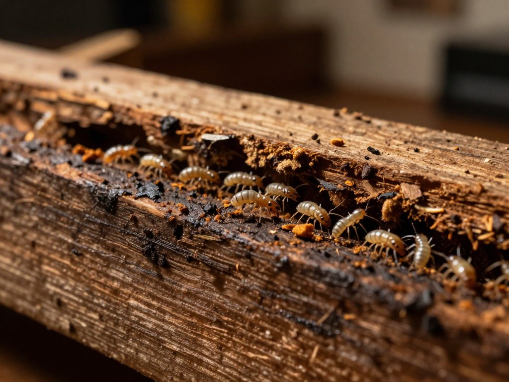 A detailed close-up of a wooden beam infested with termites, showcasing the tiny, destructive insects working within the wood. The foreground highlights the dark, damp wood, with visible galleries and frass (termite droppings). In the middle, we see a swarm of termites, their bodies translucent, some carrying bits of wood as they dig deeper. The background includes a blurred image of a home setting, suggesting the significance of termite damage. The lighting is warm and slightly dim, creating an ominous atmosphere, with emphasis on the contrast between the healthy parts of the wood and the damage caused by infestation. The angle should be at eye level, providing an engaging perspective of the infestation at work, evoking a sense of urgency and concern.