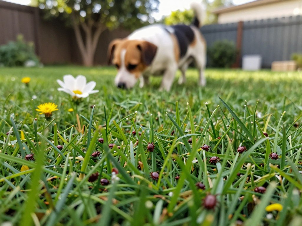 A detailed close-up view of a yard infested with ticks, showcasing a vibrant green lawn in the foreground, littered with numerous small brown ticks crawling on blades of grass and nearby flowers. In the middle ground, include a small, curious dog sniffing around, highlighting the potential danger of ticks to pets. The background should feature a fence and some trees, subtly blurred to emphasize the infestation in the foreground. The lighting is soft and natural, capturing the warm brightness of a summer day, with gentle shadows creating depth. This scene conveys a sense of urgency, raising awareness of the signs of a tick infestation while remaining visually engaging and informative.