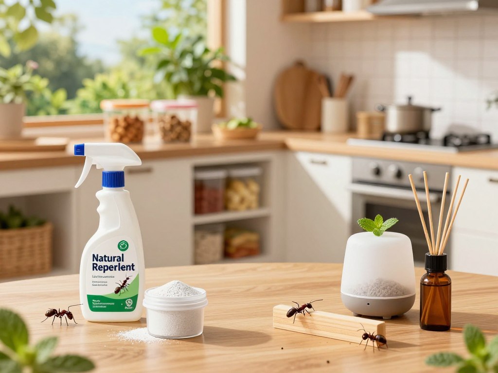 A detailed illustration of effective ant prevention methods in a home setting. In the foreground, show various ant deterrent solutions, like a spray bottle labeled “Natural Repellent,” a small container of diatomaceous earth, and some strategically placed barriers, such as essential oil diffusers with a hint of peppermint. In the middle ground, display a well-organized kitchen with sealed food containers and clean countertops, emphasizing cleanliness to deter ants. In the background, depict a lush garden with plants that naturally repel ants, such as mint and rosemary. The lighting should be bright and inviting, suggesting a safe home environment. Use a wide-angle lens to capture the entire scene, creating a warm, proactive atmosphere that conveys the message of prevention effectively.