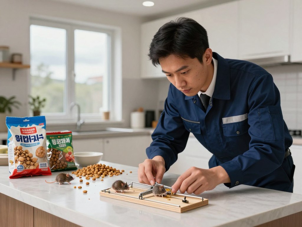 A detailed illustration of rodent control efforts in a home environment. In the foreground, show a professional pest control technician dressed in a smart uniform, carefully examining a trap meant for rodents. In the middle ground, depict common household items that attract mice and rats, like food packages, pet food, and discarded scraps, arranged on a kitchen counter. The background should feature a well-lit, modern kitchen space, with an open window showing an overcast sky, hinting at the urgency of rodent control. Use natural lighting to illuminate the scene, creating a slightly tense atmosphere that emphasizes the seriousness of the rodent problem. Focus on sharp details and realistic textures to convey a professional approach to pest management.