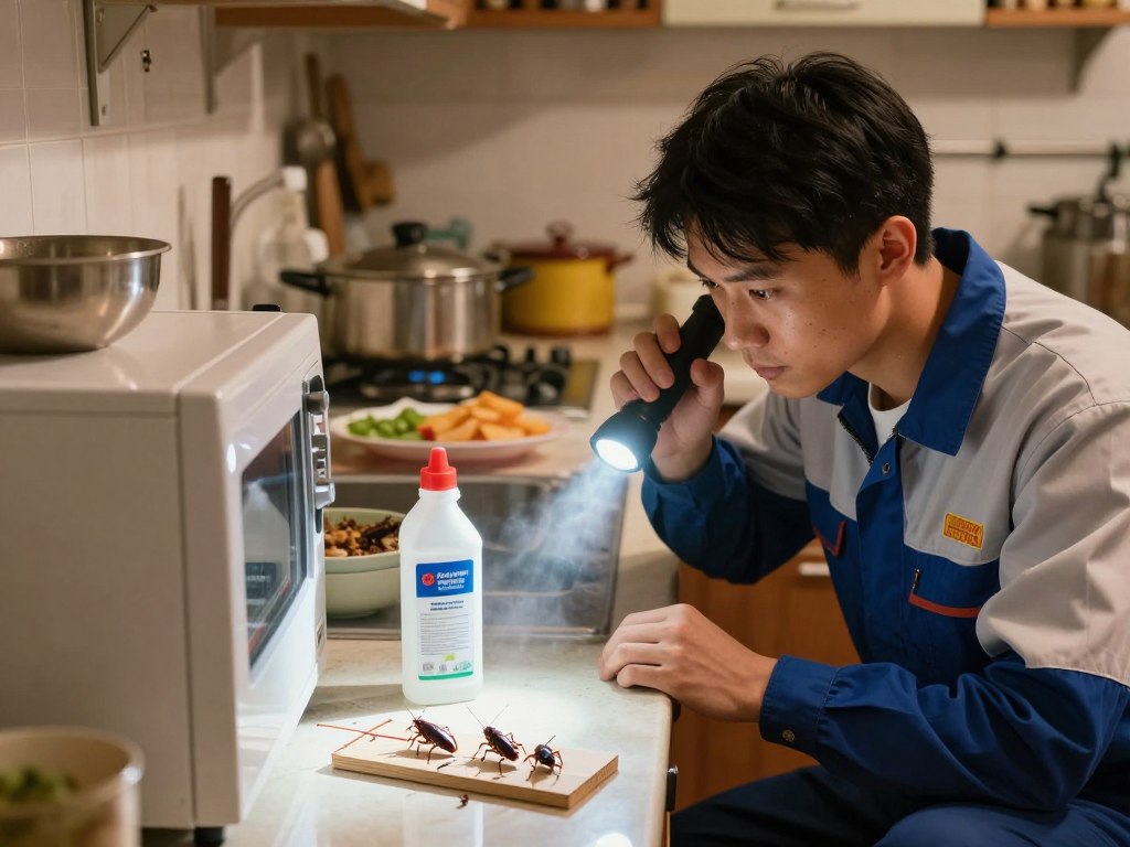 A detailed scene depicting an effective roach control operation in a unique living space, like a small, cluttered kitchen. In the foreground, a professional pest control technician in a branded uniform carefully inspects behind household appliances with a flashlight, revealing hidden cockroach habitats. The technician's focused expression conveys determination. In the middle, a variety of roach baits and traps are strategically placed on countertops, with a bottle of insecticide prominently displayed, showcasing the tools of the trade. The background shows typical kitchen elements, such as pots, pans, and food items, subtly indicating an infestation risk. The lighting is warm and inviting, casting soft shadows that enhance the atmosphere, while a slight haze evokes a sense of activity and urgency, emphasizing the seriousness of the roach control effort.