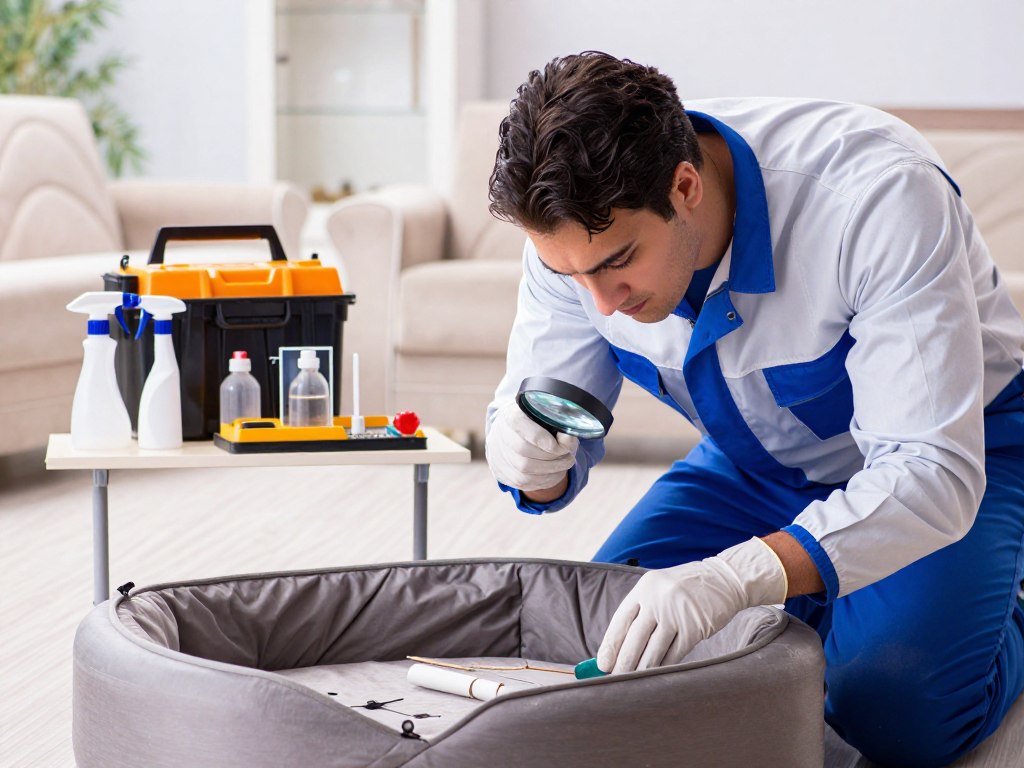 A focused scene showcasing a professional flea exterminator in action. In the foreground, the exterminator, wearing a neat uniform and protective gloves, is inspecting a pet bed with a magnifying glass. They exude determination and expertise. In the middle ground, various pest control equipment, such as sprays and traps, are neatly arranged on a work table. The background features a cozy living room with light-colored walls and soft furnishings, subtly hinting at a family environment. The lighting is bright and clean, suggesting a professional atmosphere while emphasizing the seriousness of the task. The angle is slightly elevated, providing a dynamic perspective on the exterminator’s careful work, conveying a mood of professionalism and urgency related to the cost considerations of pest extermination services.