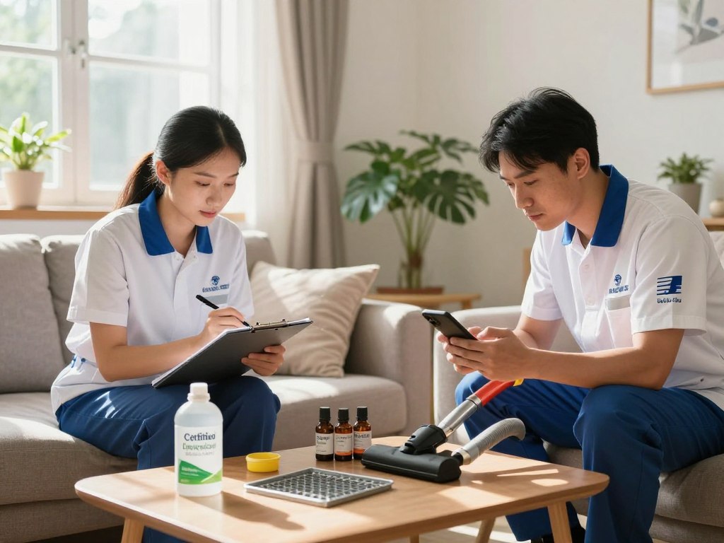 A group of certified exterminators preparing to conduct a flea extermination in a cozy, well-lit living room. In the foreground, two exterminators—one woman and one man—are inspecting a couch, both dressed in professional uniforms with logos and safety gear. The woman is using a clipboard and pen, while the man holds a smartphone, reading information. In the middle ground, an open canister of eco-friendly extermination solution and essential tools like a vacuum and traps are placed on a coffee table. The background features a window with natural sunlight streaming in, casting soft shadows, and a few potted plants that add a touch of homey warmth. The overall mood is focused and professional, indicating a serious approach to pest control.
