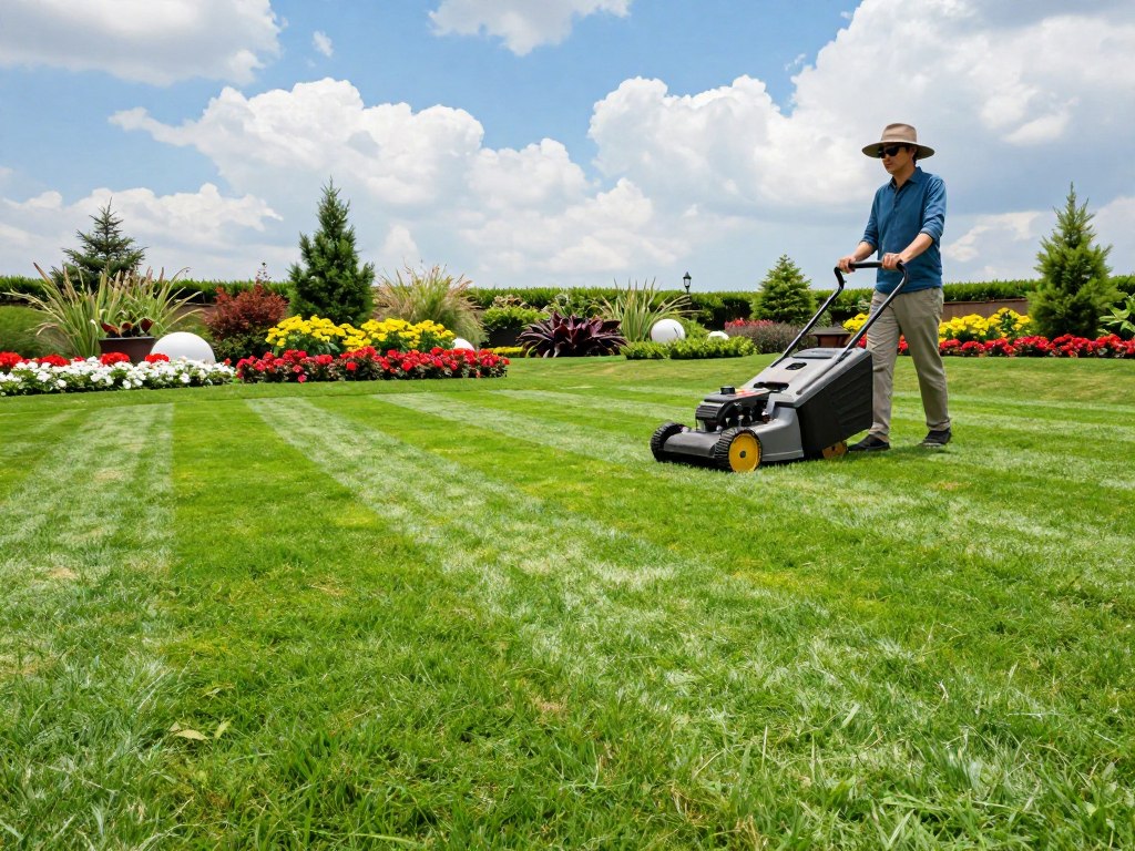 A lush, green lawn in the foreground showcases perfectly mowed grass, with visible stripes illustrating expert mowing techniques. A person in smart casual clothing, wearing a wide-brimmed hat and sunglasses, is using a modern rotary mower, emphasizing proper posture and technique. In the middle ground, vibrant flower beds and decorative garden features accentuate the care put into the landscape. The background features a sunny blue sky with soft, fluffy clouds adding warmth to the scene. The lighting is bright and natural, enhancing the vivid green of the grass, and the atmosphere feels fresh and invigorating, inviting viewers to appreciate the beauty of a well-maintained lawn.