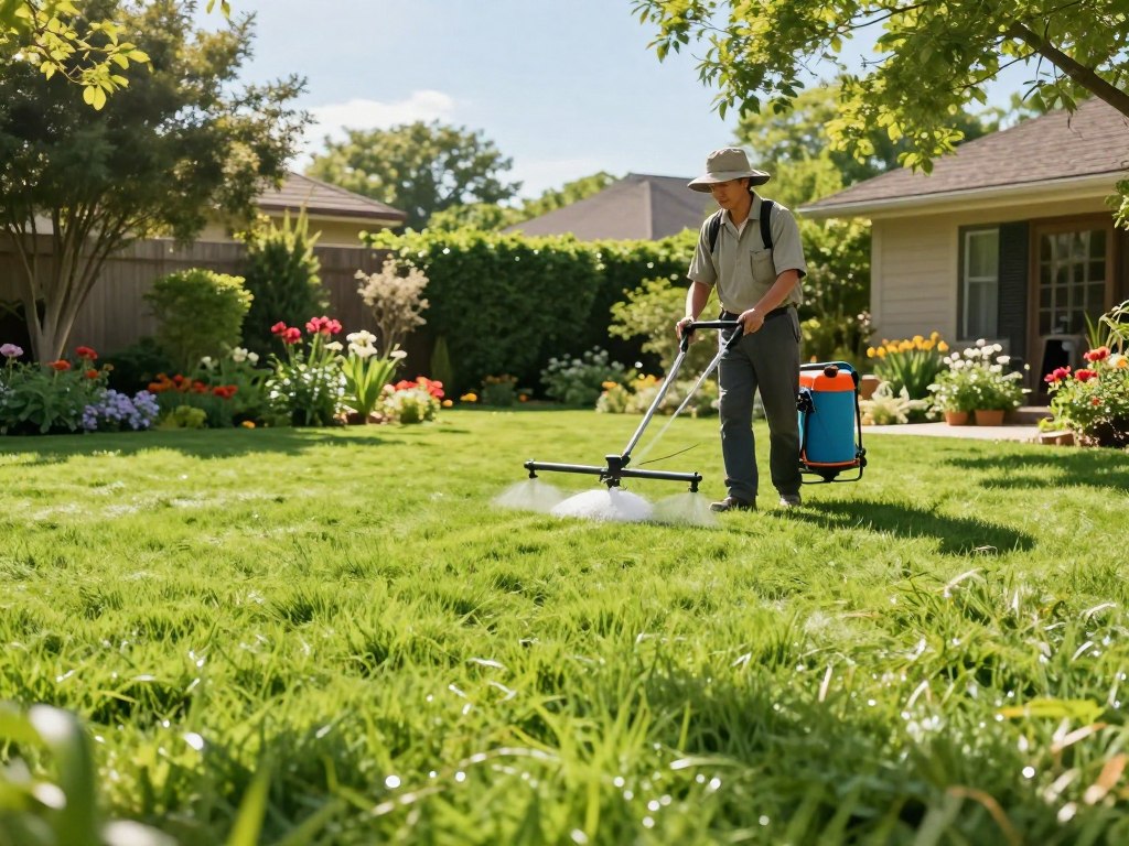 A lush, green lawn occupies the foreground, showcasing the vibrant, healthy grass that demonstrates the effects of effective fertilization. In the middle ground, a professional lawn care technician in modest casual clothing with a sun hat is applying organic fertilizer using a spreader, emphasizing precision and care. The background features a serene suburban garden with blooming flowers and neatly trimmed hedges under a clear blue sky. Soft sunlight filters through the trees, casting gentle shadows and creating a warm, inviting atmosphere. The composition captures a moment of green growth, conveying a sense of vitality and dedication to lawn care, highlighting the transformative power of fertilization for an idyllic outdoor space.