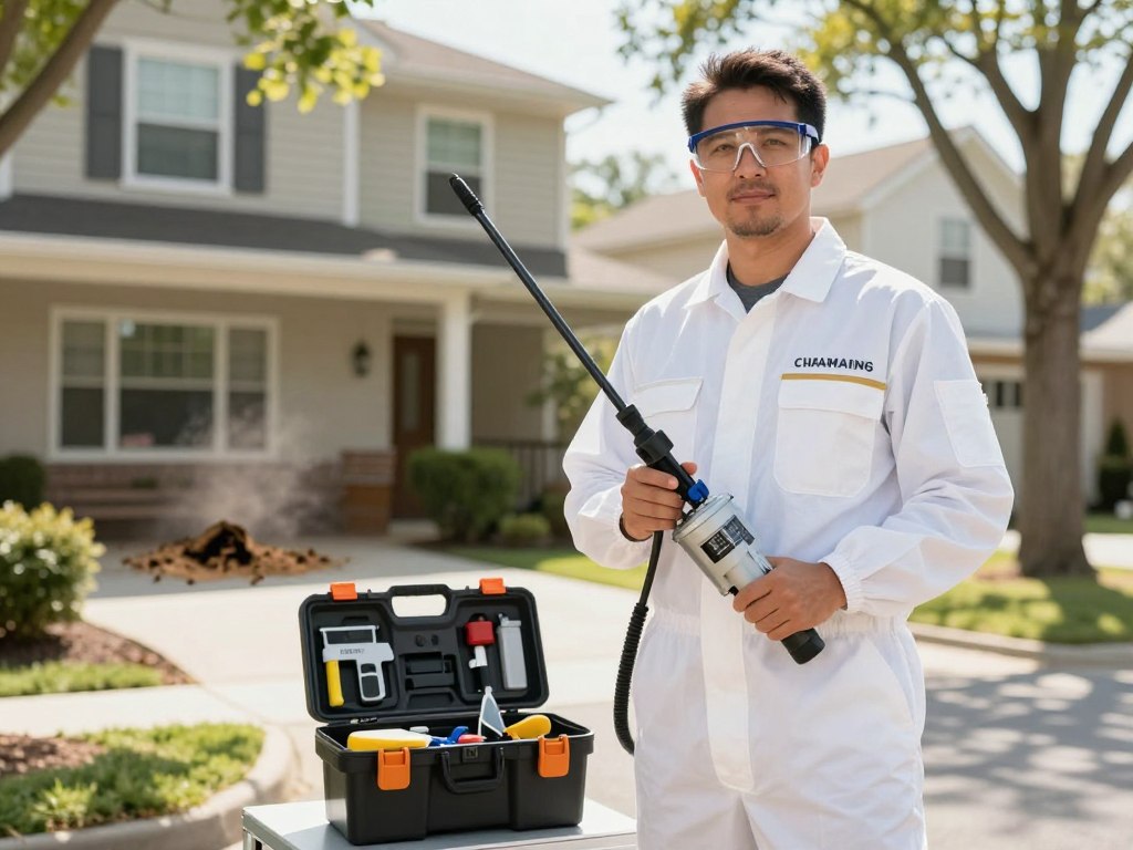 A professional ant exterminator in a modern urban setting, wearing a crisp, branded uniform and safety goggles, stands confidently in the foreground, holding a high-tech pest control device. In the middle ground, a well-organized toolbox filled with equipment is open beside him, showcasing various pest control tools. The background depicts a suburban home with an ant nest visibly disturbed, emphasizing the focus on ant control. Natural sunlight filters through the trees, casting soft shadows and creating a bright, clean atmosphere. The scene conveys a sense of professionalism and expertise, suitable for an informative article, with a focus on the exterminator's readiness and the effectiveness of their services. The angle is slightly low, giving the professional an authoritative presence.