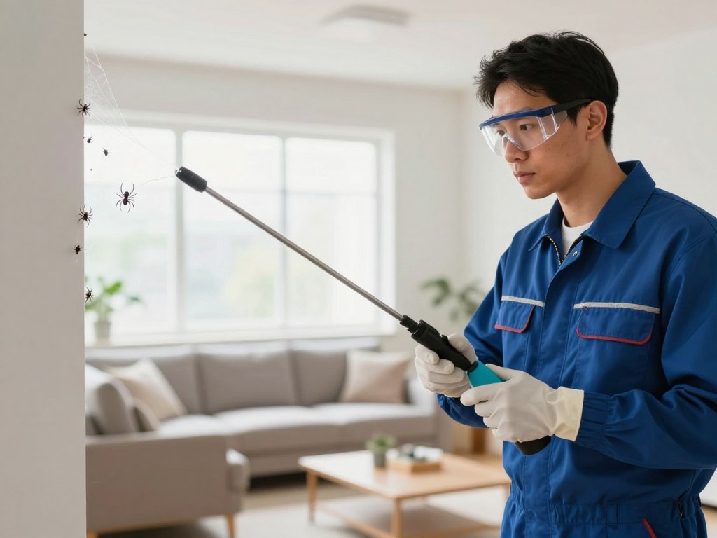 A professional pest control technician in a clean, well-lit environment, wearing a company uniform with gloves and goggles, carefully applying a spider control pesticide in a residential setting. The foreground showcases the technician with a sprayer, focused on an area with spider webs in the corners, highlighting the action of chemical extermination. In the middle ground, visible cobwebs dangle from the corners, and a few small spiders can be seen caught in the webs, emphasizing the focus on arachnid control. The background includes a tidy living room with neutral tones and a bright window, allowing natural light to flood the space, creating a sense of a safe, clean home. The atmosphere conveys professionalism and efficiency, emphasizing effective spider control techniques.