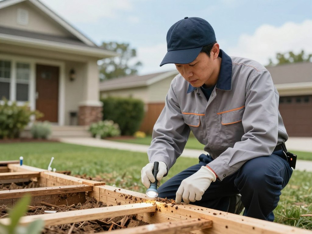A professional pest control technician wearing a neat uniform, equipped with tools for termite inspection, kneeling beside a house foundation in a residential area. In the foreground, show the technician closely examining wood structures with a flashlight, revealing signs of termite activity. In the middle, depict the house with a well-kept garden, showcasing a home that represents value and security. In the background, hint at trees and a clear blue sky, reinforcing a sense of a healthy environment. Use soft, natural lighting to create a reassuring mood, captured from a low angle to emphasize the technician's expertise and the importance of termite control. The image should be professional, focused, and convey trust and competence in pest management.