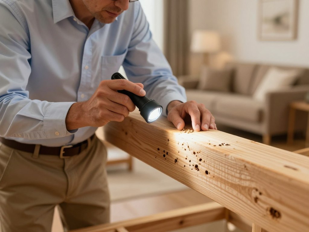 A professional termite inspector examining a wooden beam in a home, focused on the intricate details of the wood. In the foreground, the inspector, dressed in a crisp, professional shirt and khakis, uses a flashlight to highlight tiny termite holes. The middle ground features a close-up of the beam, showcasing the damage caused by termites, with small piles of frass nearby. The background reveals a cozy, well-lit room, emphasizing the importance of a thorough inspection. The ambient lighting is warm, creating a serious yet calm atmosphere. Capture this scene from a slightly elevated angle, showcasing both the inspector and the damaged beam in a well-composed shot that conveys the diligence required in termite control assessments.