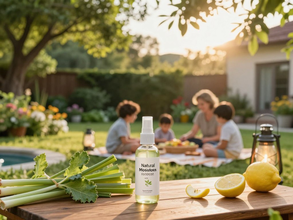 A serene backyard scene during the golden hour, illuminated by soft, warm sunlight filtering through lush green trees. In the foreground, a bottle of natural mosquito repellent spray is artistically placed on a wooden table, surrounded by fresh citronella plants and lemon peels, emphasizing their role as effective mosquito repellents. In the middle ground, a family in modest casual clothing enjoys a picnic, showcasing a relaxed atmosphere while using insect-proof lanterns that emit a soft glow. The background features a well-maintained garden, with colorful flowers and a tranquil water feature, creating a peaceful ambiance. The image conveys a feeling of safety and comfort in enjoying the outdoors, free from mosquito disturbances.