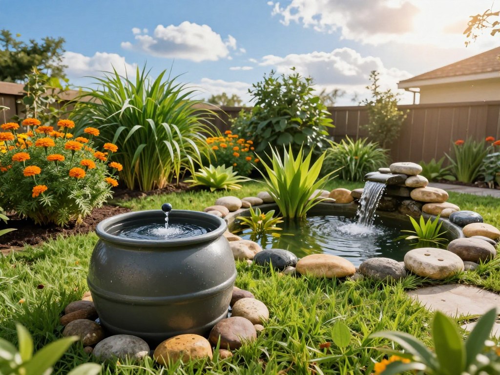 A serene backyard scene focusing on effective water management strategies for mosquito control. In the foreground, a well-maintained rain barrel collects water, surrounded by lush green grass and decorative stones. A small imaginative pond features aquatic plants and a gentle waterfall, emphasizing natural water features that support biodiversity. The middle ground shows a variety of plants like marigolds and citronella, known for their mosquito-repelling properties. In the background, a clear blue sky and sunlight filter through gentle clouds, casting soft, warm light on the scene, creating a peaceful yet proactive atmosphere. Use a slightly elevated angle to capture both the rain barrel and the pond, ensuring a harmonious balance between natural beauty and effective mosquito management.