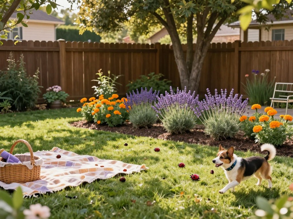 A serene backyard scene showcasing effective tick prevention and management strategies. In the foreground, a well-groomed lawn with a picnic set up, including a blanket and a basket, promotes outdoor enjoyment. On one side, a dog with a tick repellent collar playfully frolics, symbolizing pet safety. In the middle ground, a neatly arranged tick-repelling garden featuring lavender and marigold plants, known for their natural deterrent properties, adds vibrant colors. In the background, a wooden fence provides a boundary, with a few tall trees creating a shaded area. Soft, warm sunlight filters through the leaves, casting gentle shadows, evoking a safe and inviting atmosphere. Capture this scene from a slightly elevated angle to include all elements harmoniously.