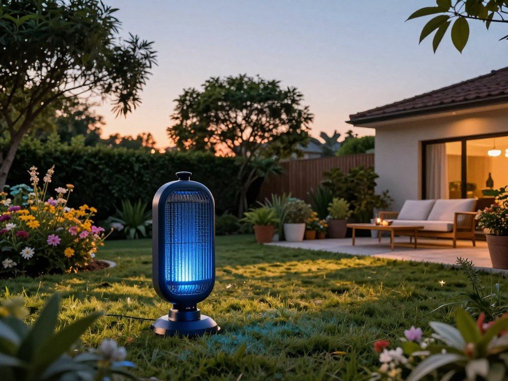 A serene backyard setting during the golden hour of sunset, showcasing an effective mosquito trap prominently in the foreground. The trap is sleek and modern, emitting a soft blue light to attract insects. In the middle ground, lush greenery and blooming flowers create a vibrant atmosphere, while a patio area with comfortable furniture defines the space for relaxation. The background features tall, leafy trees and a clear sky transitioning into twilight, enhancing the tranquil mood. Soft shadows are cast by the evening light, providing depth to the scene. The overall atmosphere conveys a sense of peace and safety as the mosquito trap silently works to protect the outdoor environment.