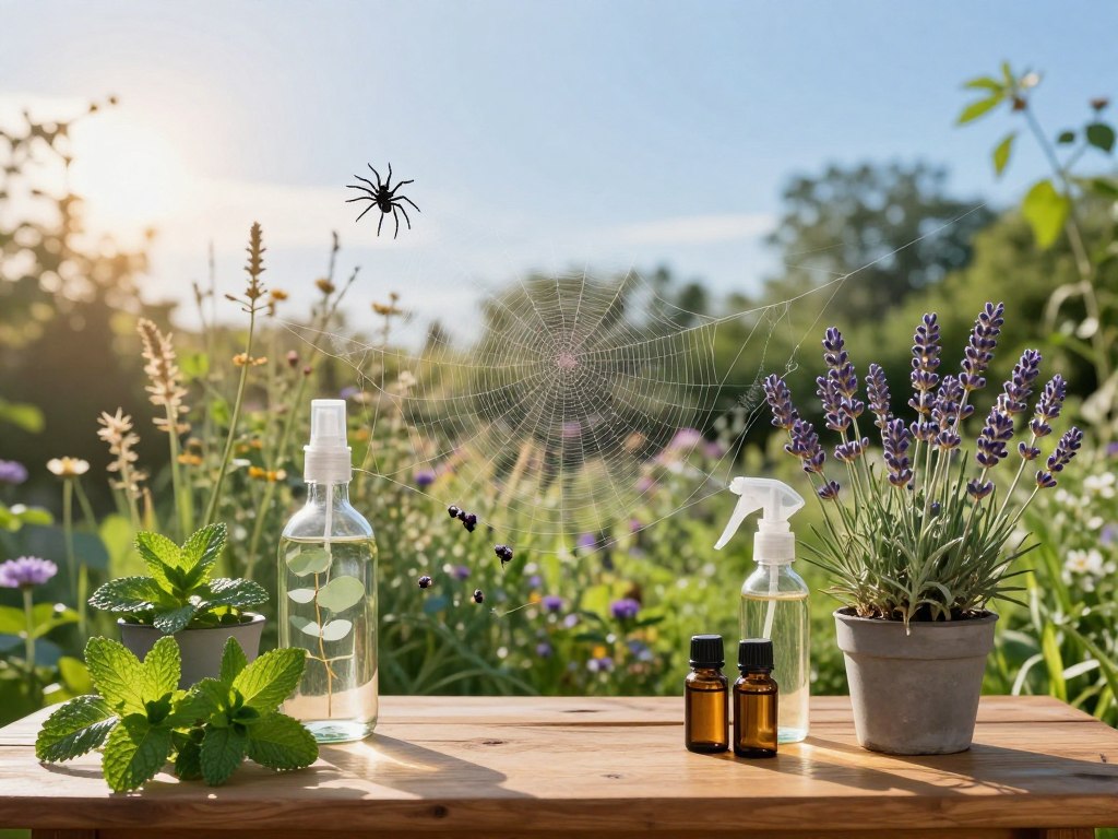 A serene garden scene centered around natural spider control methods. In the foreground, a wooden table displays various natural repellents like essential oils (peppermint and eucalyptus), vinegar in glass spray bottles, and a small potted lavender plant. The middle ground features lush greenery with wildflowers and cobwebs being brushed away by a gentle breeze. In the background, a clear blue sky reflects a warm, inviting sunlight that bathes the scene in a soft glow. Capture the mood of tranquility and environmental harmony, conveying a sense of peace while effectively managing spider presence. Use a wide-angle lens to encompass the entire garden, ensuring a vibrant and engaging atmosphere without any text or distractions.