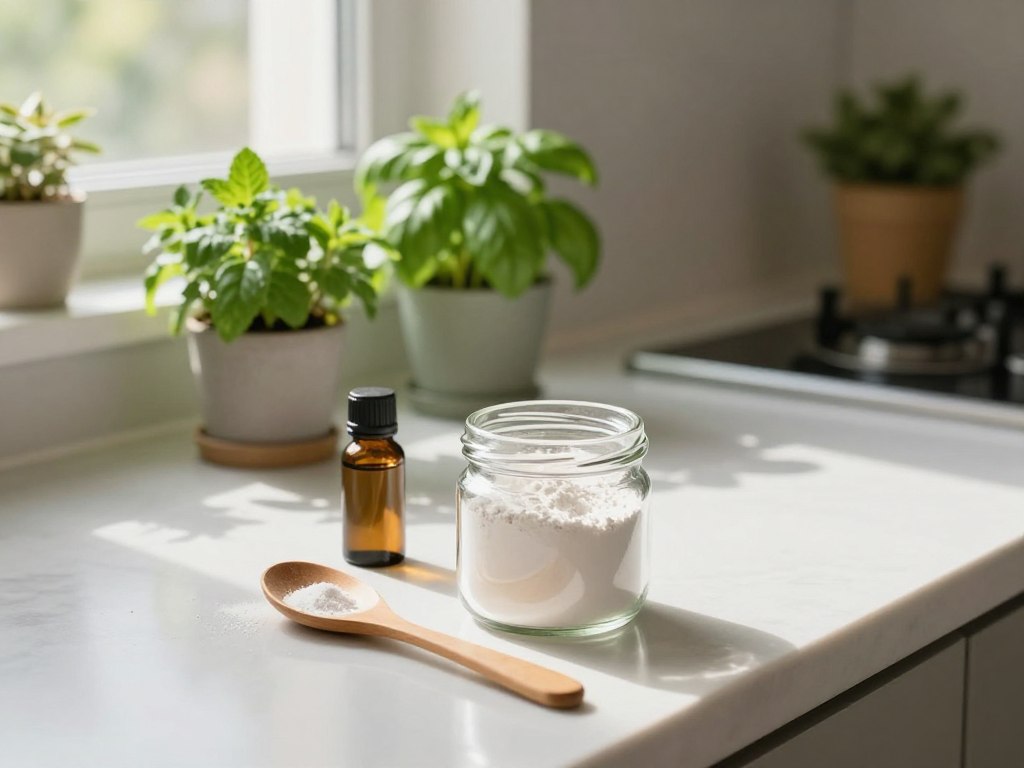 A serene kitchen setting emphasizing eco-friendly roach control. In the foreground, display a small glass jar filled with natural ingredients like diatomaceous earth, essential oils, and baking soda, alongside a wooden spoon. In the middle ground, showcase clean countertops adorned with potted herbs such as mint and basil, highlighting a natural approach to pest control. The background features a window with sunlight streaming through, illuminating a clean and inviting space with houseplants, enhancing the warm atmosphere. Use soft, natural lighting to create a calming mood. Capture the scene with a slight overhead angle to convey a tidy, eco-conscious lifestyle. No insects should be visible, focusing instead on the tools of green pest management.