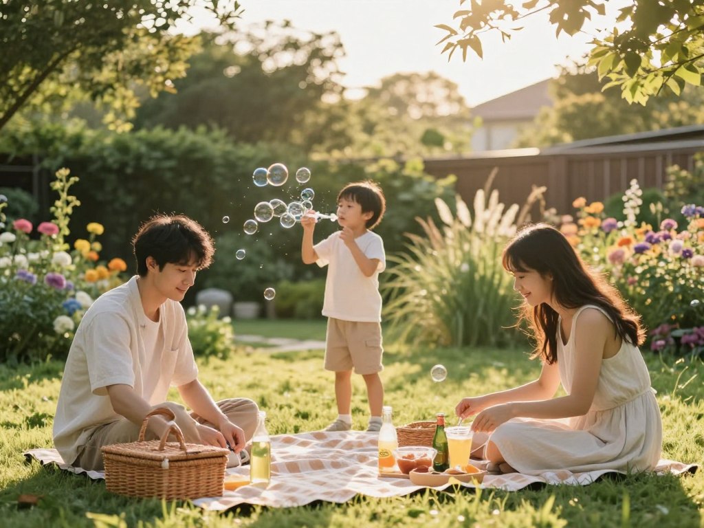 A serene outdoor scene during the golden hour, showcasing a family enjoying their backyard activities while consciously avoiding mosquitoes. In the foreground, a young couple, dressed in light, modest casual clothing, are setting up a picnic on a checkered blanket with a picnic basket and refreshing beverages. In the middle ground, a child is engaged in bubble-blowing, the bubbles shimmering in the warm light. In the background, a well-maintained garden filled with blooming flowers and tall grass is visible, suggesting a prime mosquito habitat. Soft sunlight filters through the trees, casting dappled shadows, creating a warm and inviting atmosphere. The scene conveys a sense of joy and mindfulness in timing outdoor activities to minimize mosquito exposure, with a focus on relaxation and family togetherness.