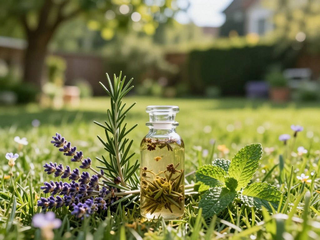 A serene outdoor scene showcasing a natural tick repellent scene, focusing on a clear glass bottle filled with an herbal mixture, surrounded by fresh sprigs of rosemary, lavender, and peppermint in the foreground. The middleground features a sunny, well-kept yard with lush green grass and a few scattered wildflowers, evoking a feeling of natural beauty and tranquility. In the background, tall trees provide dappled sunlight, enhancing the peaceful atmosphere. Use soft, warm lighting to highlight the natural colors of the herbs and the vibrant greens of the yard. The composition should be slightly angled to give depth, conveying a mood of safety and harmony with nature, suitable for outdoor summer activities with pets.