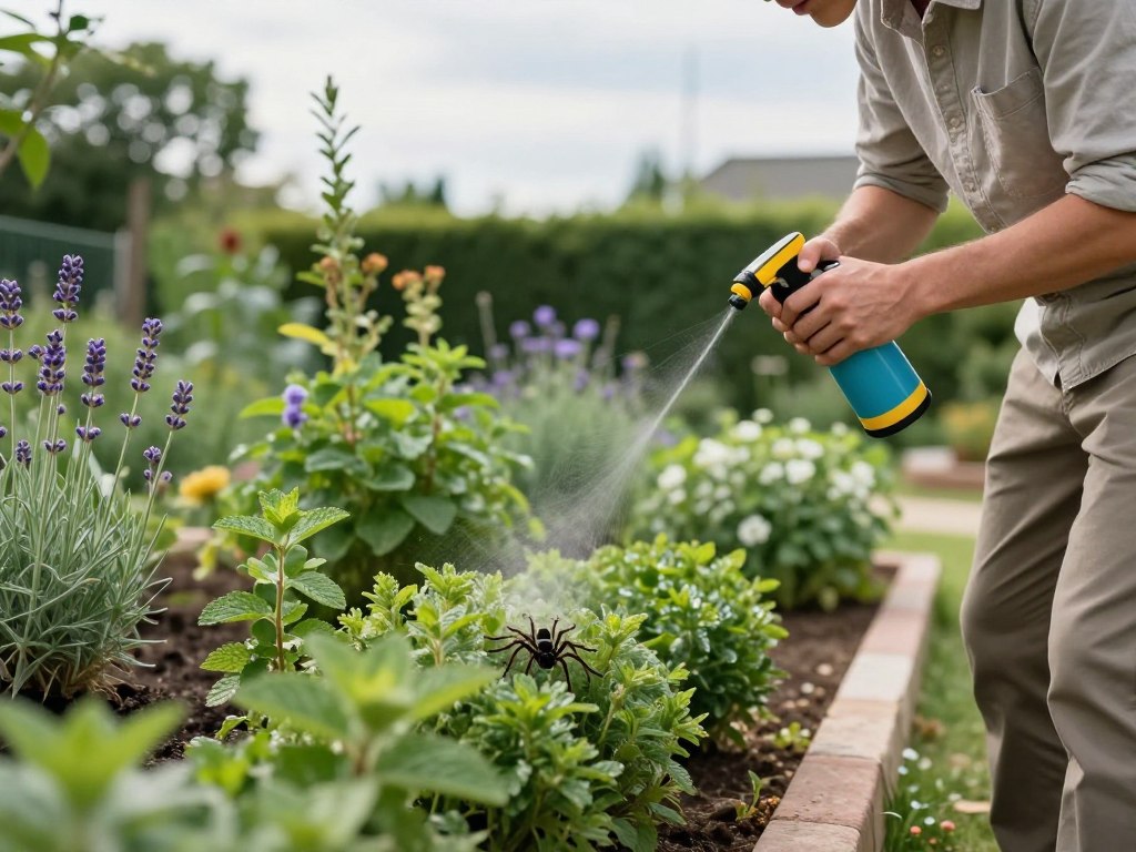 A serene outdoor scene showcasing effective pest management techniques, focusing on spider control. In the foreground, a professional in modest casual attire is actively inspecting a garden, using a spray nozzle to apply eco-friendly pest deterrent on low shrubs. In the middle ground, a well-maintained garden with healthy plants and strategically placed natural repellents, like lavender and mint, is visible. The background features a clear sky and trees, creating a calm atmosphere. Soft, natural lighting enhances the scene, showcasing the vibrant greens of the garden. The focal angle captures the intensity of the inspection while conveying a sense of tranquility and proactive care in pest management, ideal for preventing spider infestations.