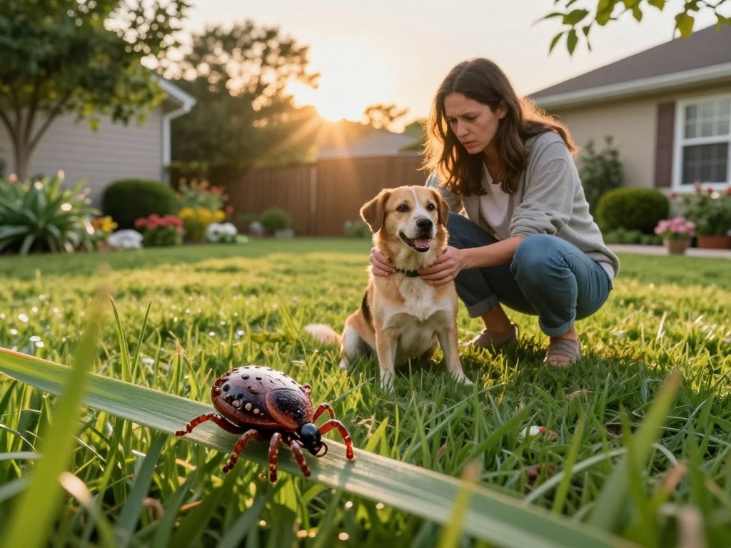 A serene suburban yard in late afternoon light, showcasing a lush green lawn with well-maintained flower beds and trees throughout the scene. In the foreground, a vibrant and detailed close-up of a tick resting on a blade of grass, emphasizing its small size and unique features. In the middle ground, a responsible pet owner dressed in casual clothing gently examining their dog for ticks, with a look of concern and care on their face. The background features a warm, golden glow from the setting sun, creating an inviting atmosphere while also hinting at the hidden dangers of ticks. The image conveys a blend of tranquility and vigilance, highlighting the importance of tick control in protecting pets during summer months.