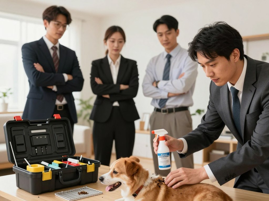 A team of certified exterminators, dressed in professional business attire, stands confidently in a bright, well-lit space, symbolizing expertise and trustworthiness. In the foreground, two exterminators examine a flea infestation on a pet, showcasing their tools like traps and sprays, highlighting their commitment to effective solutions. In the middle ground, a neatly organized toolbox containing various pest control instruments emphasizes the preparation and professionalism of the team. In the background, a clean and well-maintained home environment illustrates the goal of a flea-free living space. The lighting is warm and inviting, creating a reassuring atmosphere, while the angle captures the exterminators’ focused expressions, conveying competence and reliability in their field.