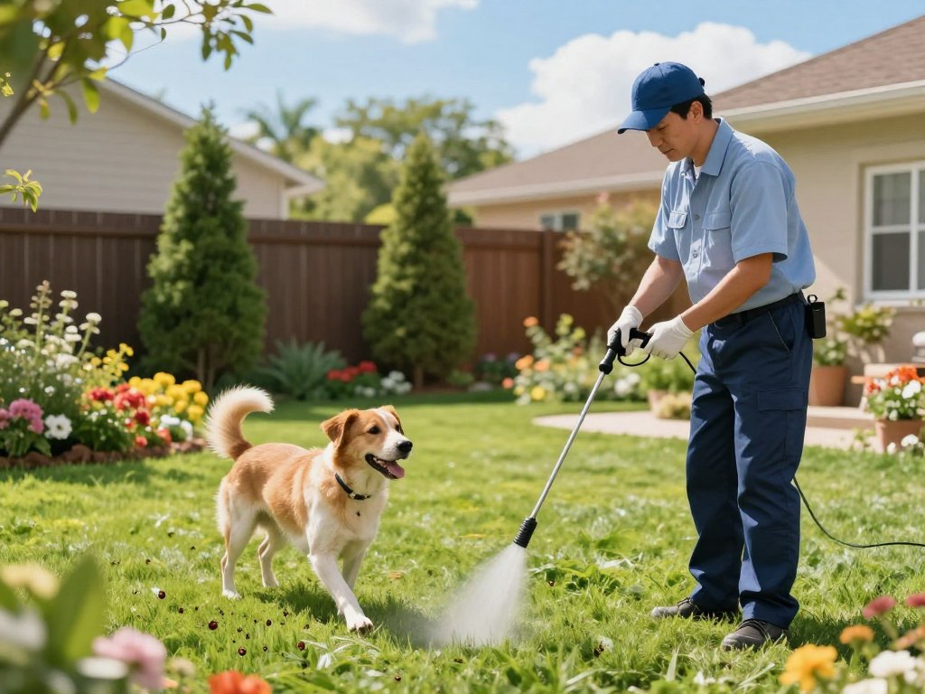 A tranquil suburban yard in summer, vividly illustrated with a lush green lawn and colorful flower beds. In the foreground, a professional pest control technician, dressed in a clean uniform, is applying a chemical treatment to the grass with a modern spray nozzle, demonstrating effective tick control. The middle ground features a happy, healthy dog playing, symbolizing the protection of pets from ticks. The background includes a fence and neatly trimmed trees under a bright blue sky, with soft sunlight filtering through, creating a warm, inviting atmosphere. The image should evoke a sense of safety and care for pets, highlighting the importance of chemical treatments in tick control. Depth of field is used to focus on the technician and dog, while the surroundings stay slightly blurred for emphasis.