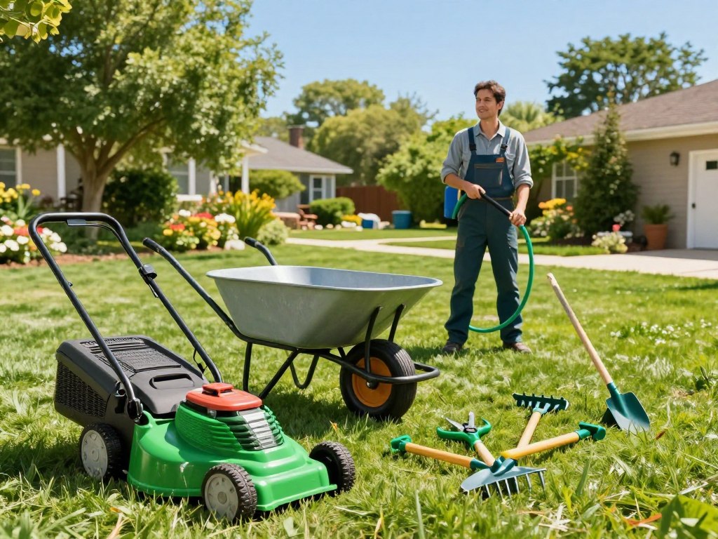 A vibrant and well-maintained lawn showcases an array of essential lawn care tools neatly arranged on the grass. In the foreground, a colorful spread includes a sparkling green lawn mower, a sturdy wheelbarrow, a set of shears, and various gardening tools like rakes and trowels, all bathed in bright sunlight. The middle ground features a gardener in professional attire, demonstrating the use of a hose or fertilizer spreader, with a look of concentration and satisfaction. The background reveals a picturesque suburban yard with blooming flowers and tall trees, under a clear blue sky, emphasizing the peaceful atmosphere of a sunny day dedicated to lawn care. The image should be well-lit, capturing the freshness and vibrancy of the tools and grass, evoking a sense of accomplishment and enthusiasm for lawn maintenance.