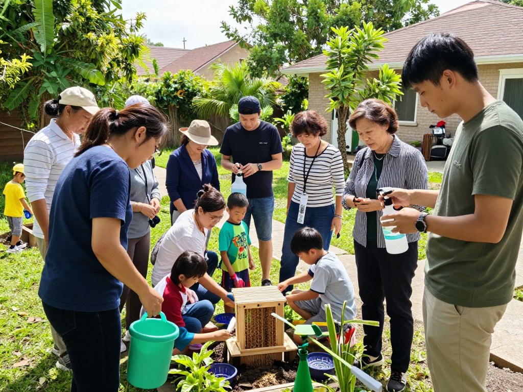 A vibrant community gathering focused on mosquito management in a lush backyard setting. In the foreground, a diverse group of individuals dressed in casual yet professional attire, including a middle-aged woman demonstrating the use of larvicides with a spray bottle, while a young man explains the importance of removing standing water. In the middle ground, families collaborate on an organic mosquito trap, filled with natural materials, surrounded by plants and gardening tools. The background features a sunlit neighborhood with greenery, emphasizing community spirit and environmental awareness. The image captures a warm, cooperative atmosphere, with bright, natural lighting highlighting the activities. Use a wide-angle lens to create depth and immerse the viewer in this proactive community effort.