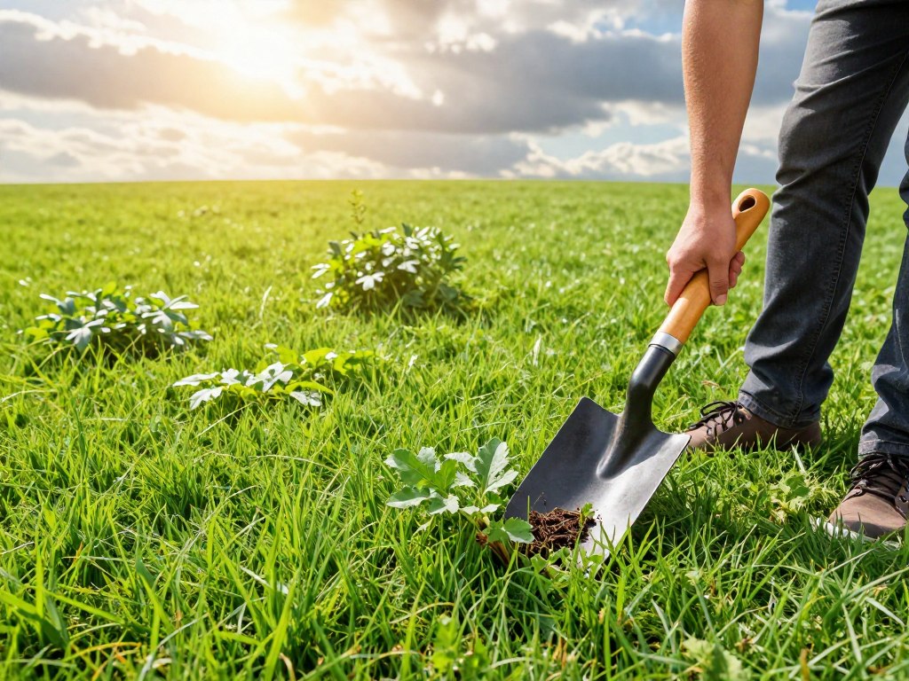 A vibrant lawn scene illustrating effective weed control techniques in action. In the foreground, a gardener in smart casual clothing carefully removes stubborn weeds using a hand trowel, focusing on a patch of lush green grass. The middle ground features a healthy lawn with rich, healthy grass blades, interspersed with various types of weeds, highlighting the challenges faced in lawn care. In the background, a sunny sky filters through scattered clouds, casting warm light that accentuates the textures of the grass. The atmosphere is serene yet purposeful, conveying the dedication required to combat lawn disease. The lighting is bright and inviting, creating a sense of optimism for achieving a perfect lawn.