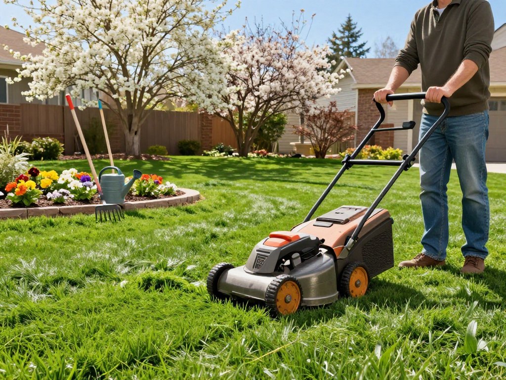 A vibrant suburban lawn being expertly maintained during early spring. In the foreground, a dedicated gardener in modest casual clothing is using a manual push mower to trim the lush green grass, showcasing healthy blades. In the middle, freshly clipped patches of grass contrast with the still-growing areas, while gardening tools, including a rake and a watering can, are neatly arranged by the garden bed filled with colorful flowers. The background features a row of blooming shrubs under a clear blue sky, with soft sunlight filtering through the leaves, casting gentle shadows. The scene conveys a sense of diligence and seasonal renewal, perfect for encouraging optimal lawn care practices.