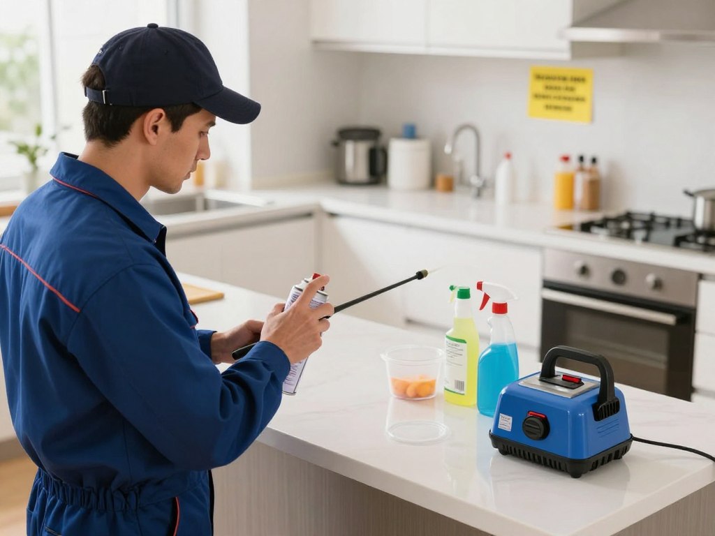 A well-lit indoor scene depicting a professional exterminator in a clean, organized kitchen preparing for roach infestation treatment. The foreground features the exterminator wearing a neat uniform, focused on a spray can and a pest control device. The middle ground displays a tidy countertop with cleaning supplies like disinfectants and sealed containers, emphasizing preparation for the treatment. In the background, the kitchen shows signs of recent cleaning: gleaming surfaces, empty food storage, and a cautionary note about roach treatments. The lighting is bright and inviting, creating a confident atmosphere that conveys readiness and professionalism. The angle is slightly elevated, capturing the scope of the kitchen and the anticipation before treatment begins.