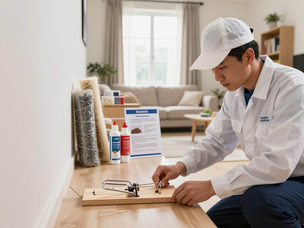 A well-maintained home environment showcasing effective rodent control methods. In the foreground, a professional pest control technician in a smart uniform is setting a high-quality, baited rodent trap next to a wall, surrounded by a clean and organized room. In the middle ground, various rodent-proofing materials like steel wool and caulk are neatly displayed on a table, alongside a safety guide for homeowners. The background features a sunny window with closed curtains and a bookshelf, creating a warm and inviting light throughout the scene. The overall mood is practical and educational, emphasizing cleanliness and proactive pest control strategies. The composition should reflect a well-lit, indoor setting, captured from a slightly elevated angle to include all elements clearly.