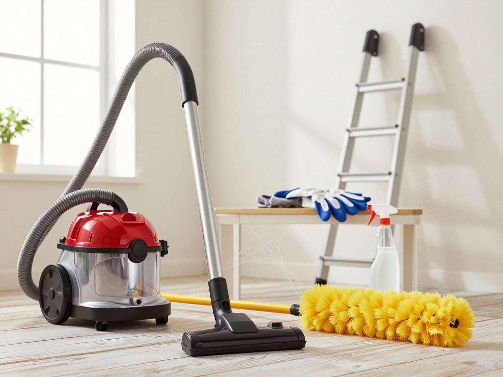 A well-organized display of essential spider control tools on a clean, rustic wooden surface. In the foreground, feature high-quality items such as a sturdy vacuum cleaner with a clear hose attachment, a long-handled cobweb duster with bright yellow bristles, and a bottle of eco-friendly spider repellent. The middle layer should show protective gloves and a small, sturdy ladder leaning against a wall, suggesting accessibility for high corners. In the background, soft natural light streams through a window, creating a warm and inviting atmosphere. The scene conveys a sense of readiness and efficiency for tackling spider issues, with a slightly blurred background to keep the focus on the tools. Aim for a bright and clean aesthetic, evoking a feeling of confidence in managing spider control.