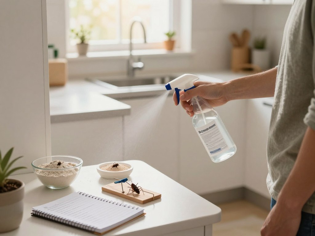 A well-organized home scene focused on DIY roach control methods. In the foreground, a person in modest casual clothing is using a spray bottle filled with a natural insect repellent, carefully applying it near a cabinet. On a nearby table, there are various pest control tools like traps, a mixture of diatomaceous earth in a small bowl, and a notebook filled with tips. In the middle ground, a clean kitchen environment with sparkling countertops and no visible pest activity, emphasizing cleanliness and prevention. The background shows a sunny window that lets in warm, natural light, creating an inviting and proactive atmosphere. The overall mood is calm, focused, and encouraging, highlighting effective and safe pest control strategies.