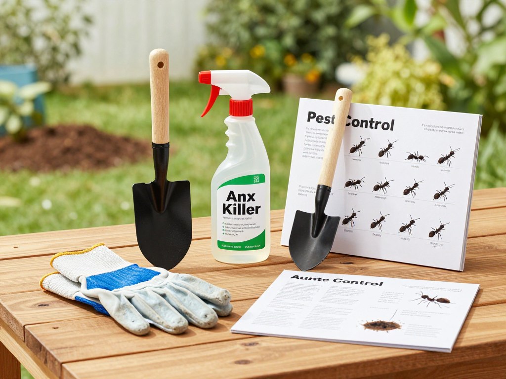 A well-organized pest control toolkit displayed on a wooden table, emphasizing essential tools for ant control. In the foreground, a pair of sturdy gloves rests next to a professional-grade ant bait station and an ant mound identification guide. In the middle, a spray bottle labeled "Ant Killer" sits next to a small shovel and a detailed diagram showing the ant lifecycle. The background features a softly lit, blurred outdoor garden setting, hinting at an ant-infested area. The lighting is bright and natural, suggesting a summer day, creating a proactive and informative atmosphere. The composition captures the essence of pest management, focusing clearly on the tools necessary for effective ant control.