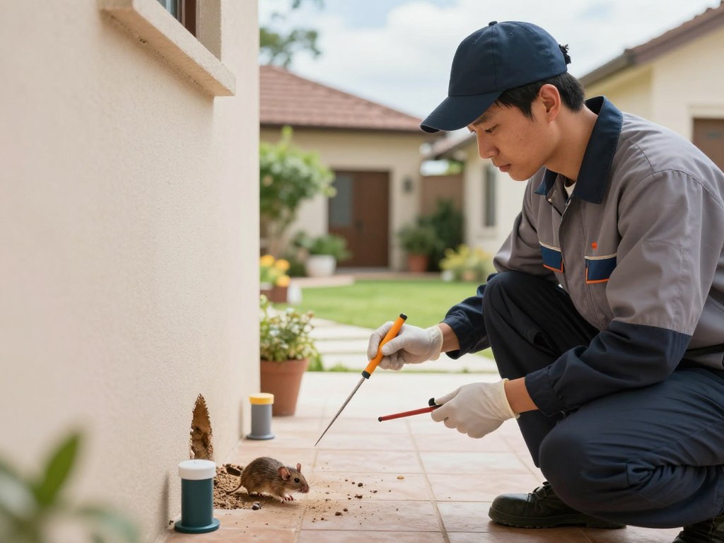 A well-organized pest management service scene showcasing the importance of rodent control. In the foreground, a professional pest control technician in a uniform carefully inspects a residential area, holding tools for inspection. In the middle, a small entrance hole in a wall suggests rodent access, with bait stations strategically placed around it. The background features a cozy home setting, with a well-kept garden and clear skies. Soft, natural lighting illuminates the scene, creating a reassuring and proactive atmosphere. The focus is on the technician's diligent work, conveying a sense of responsibility and care for the home environment. The overall mood emphasizes safety and professionalism in pest management.