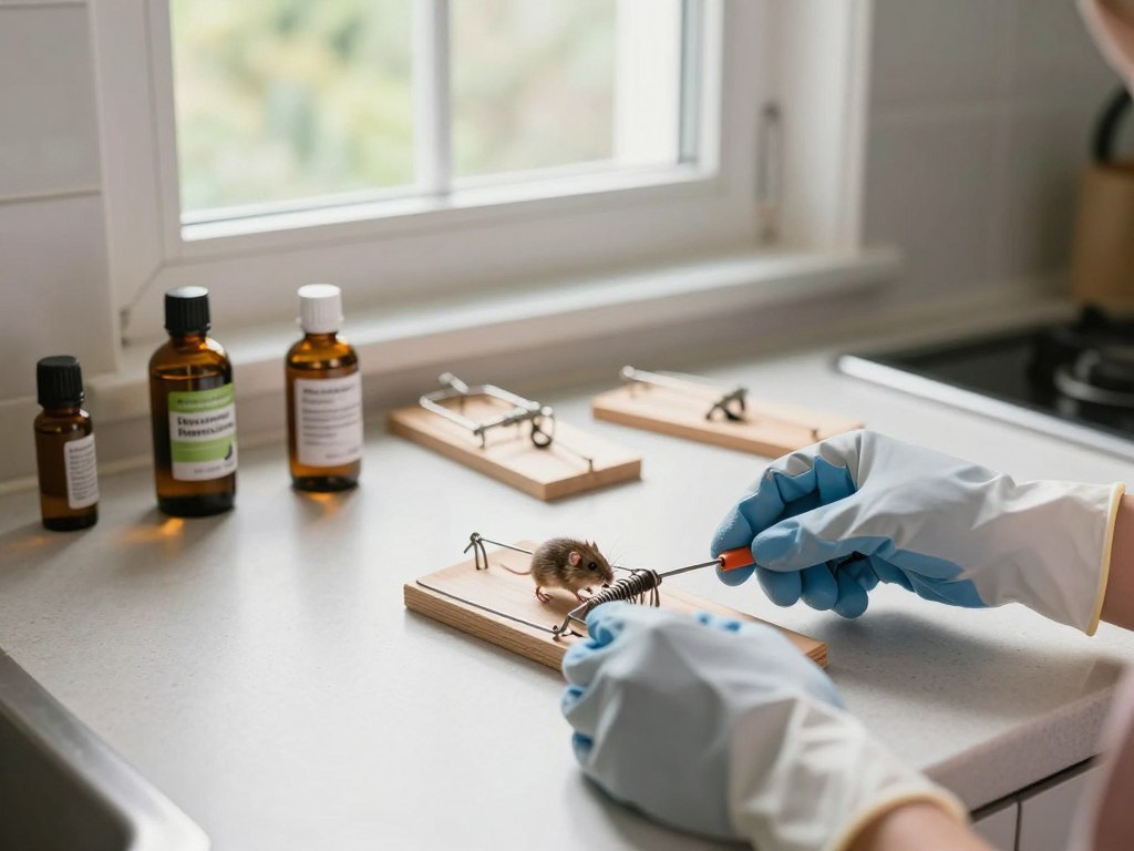 A well-organized scene depicting various DIY rodent control techniques. In the foreground, a pair of gloved hands, wearing protective gear, holds a bait station and a humane trap, showcasing their effectiveness. The middle ground features an array of tools such as snap traps and natural deterrents like peppermint oil bottles, emphasizing practical solutions. In the background, a slightly opened window with a screen allows bright natural light to flood the scene, enhancing the clean, homey atmosphere. Soft shadows cast by the tools create a calm mood. The setting resembles a tidy kitchen counter, conveying a sense of empowerment and readiness in tackling rodent issues. The lens perspective invites the viewer to feel engaged and informed about effective rodent removal strategies.